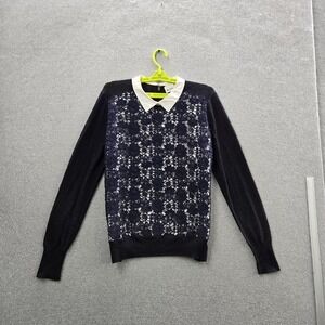 Tory Burch Women Sweater L Navy Linen Blend Lacy Sandy Collared Pullover